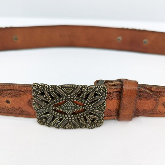 Fossil Belt L 40in Brown Gold Tooled Genuine Leather Metal Buckle Accent Adjusts - Picture 9 of 10